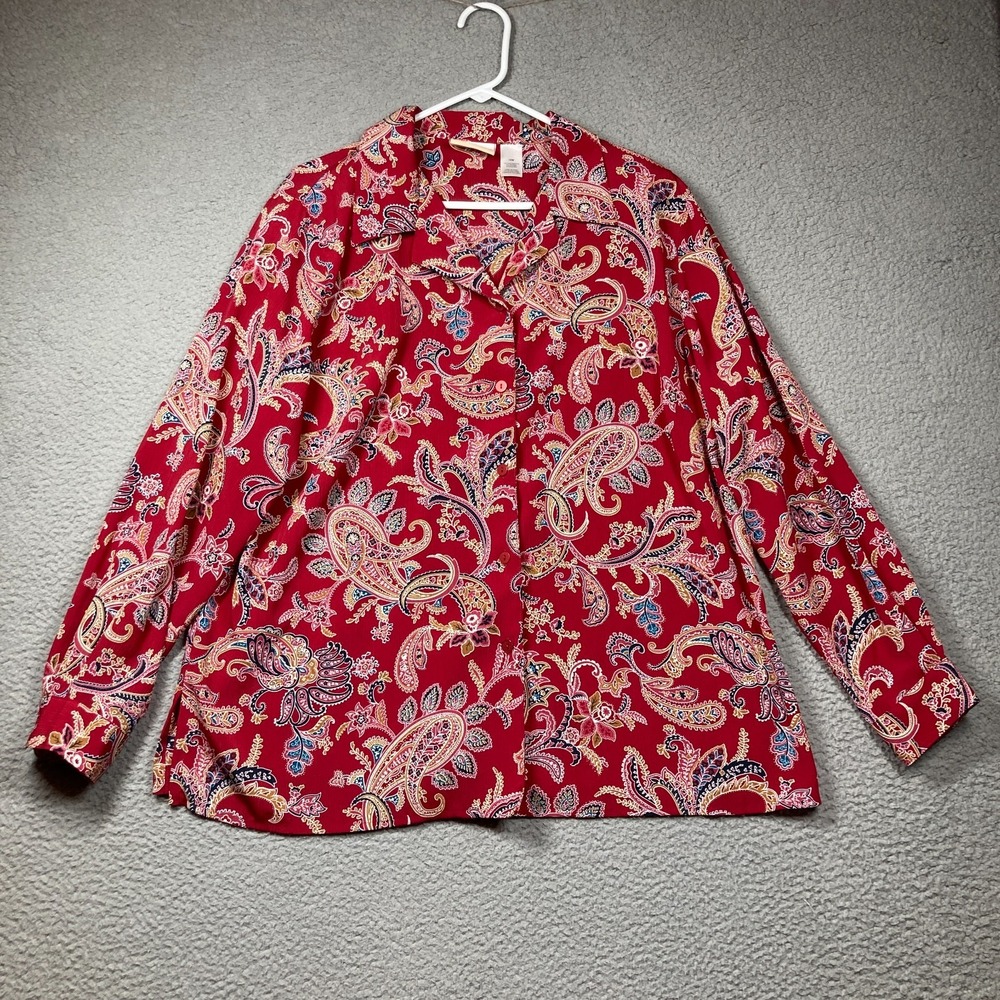 Alfred Dunner Top Womens Plus 16W Red Paisley Long Sleeve Button Up Relaxed‎
